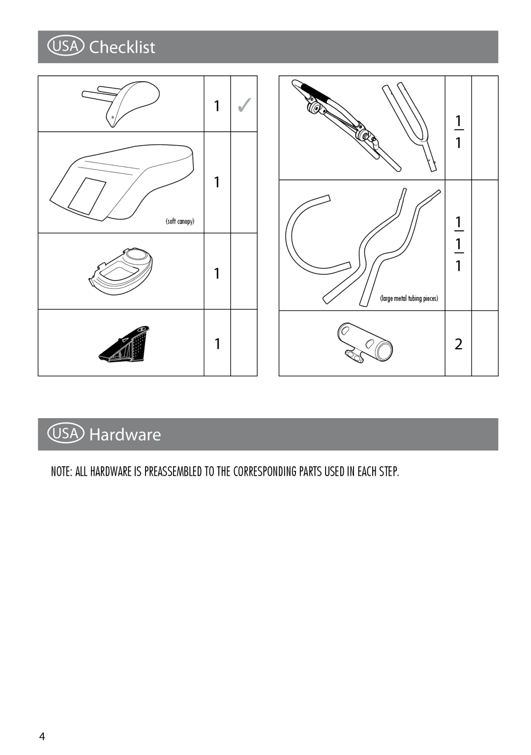 Kettler 8135-199 manual USA Checklist, USA Hardware 