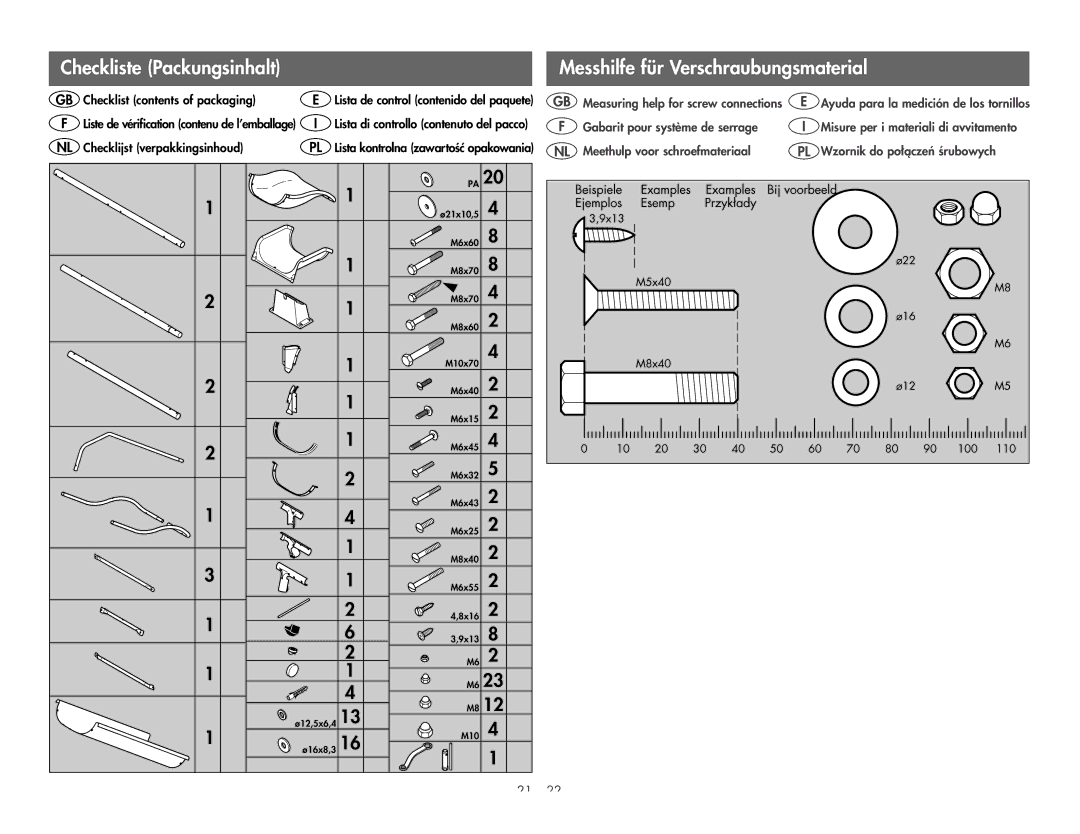 Kettler 8321-400 manual Checklist contents of packaging 