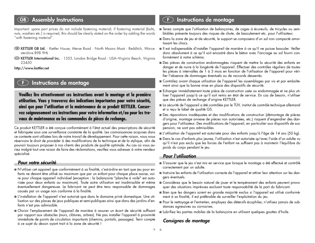 Kettler 8321-400 manual Instructions de montage, Pour votre sécurité, Pour lutilisation, Consignes de montage 