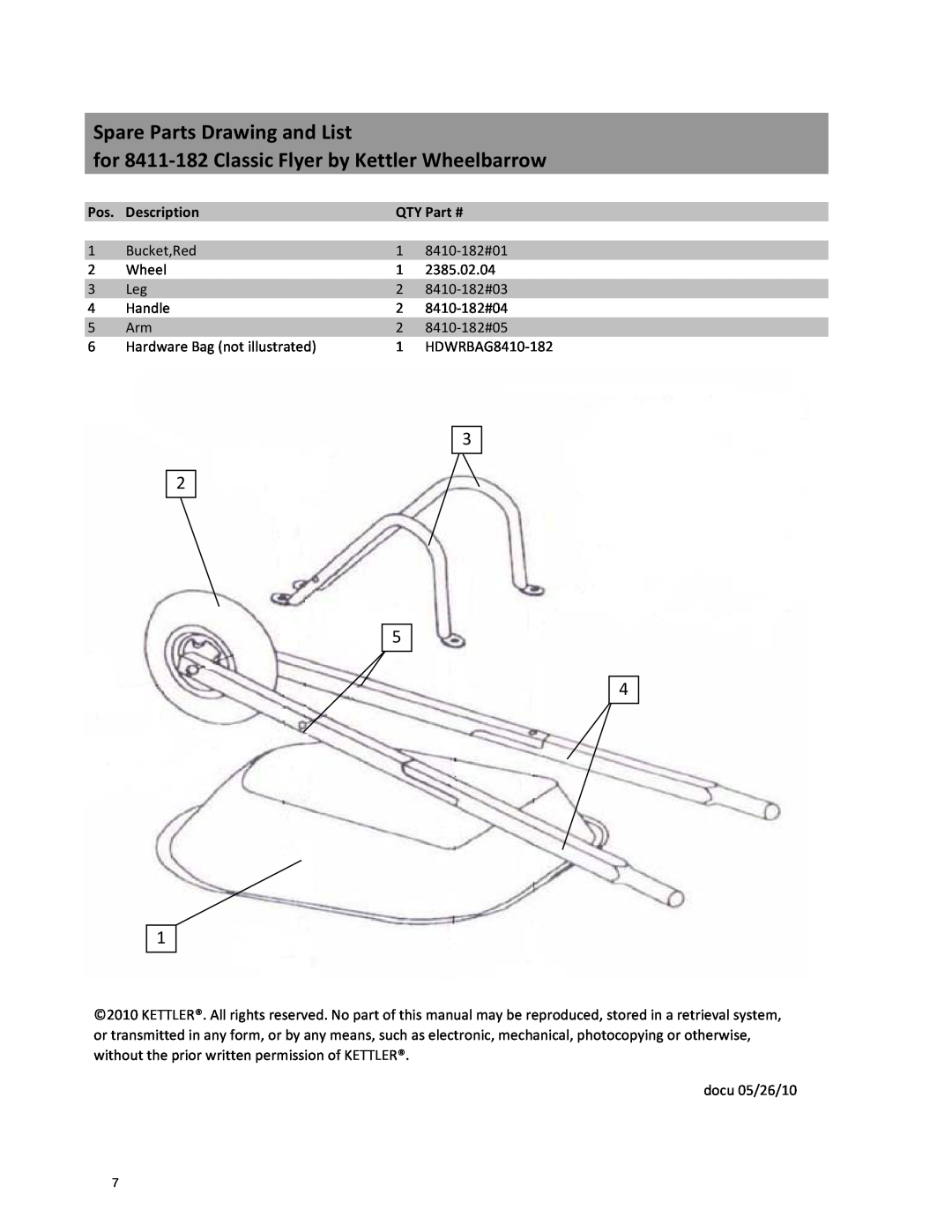 Kettler 8411-182 manual Description, Spare Parts Drawing and List, for 8411‐182 Classic Flyer by Kettler Wheelbarrow 