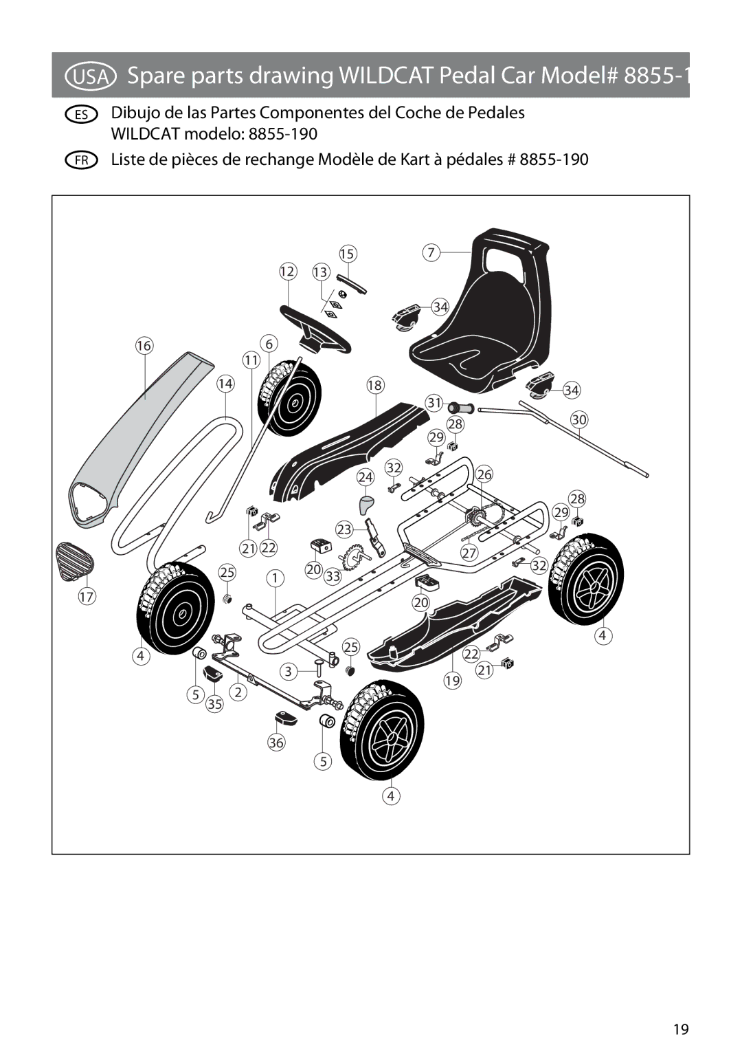 Kettler 8855-190 manual USA Spare parts drawing Wildcat Pedal Car Model# 