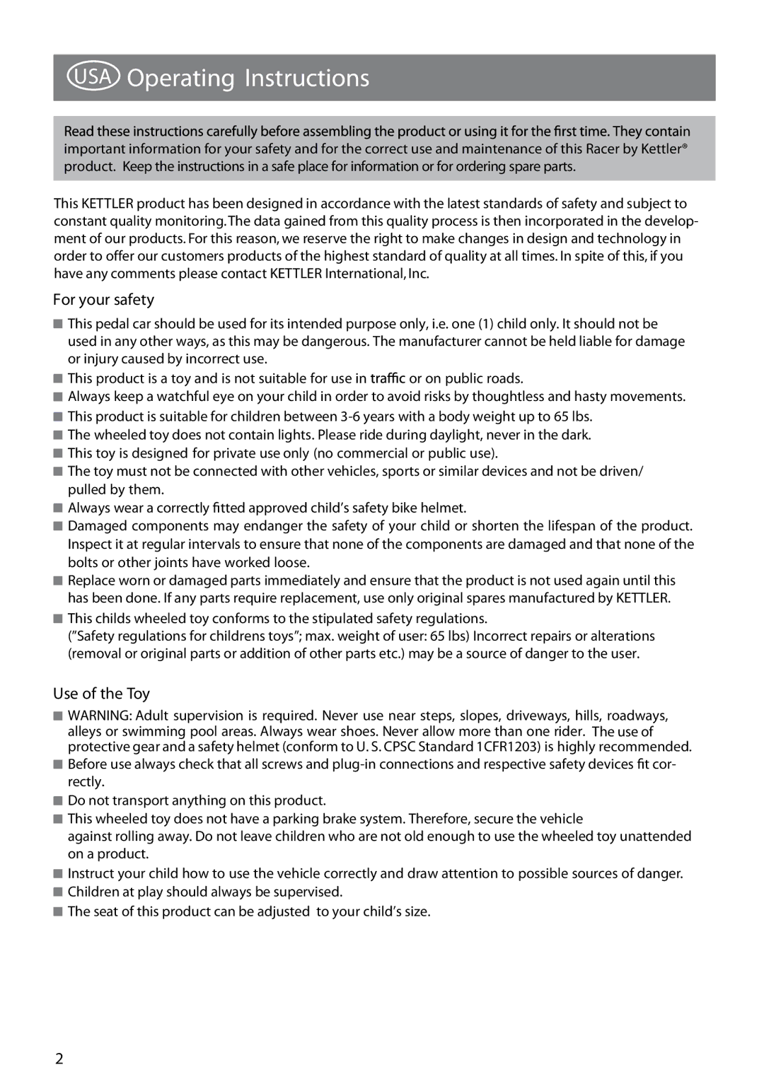 Kettler 8855-190 manual USA Operating Instructions, For your safety, Use of the Toy 