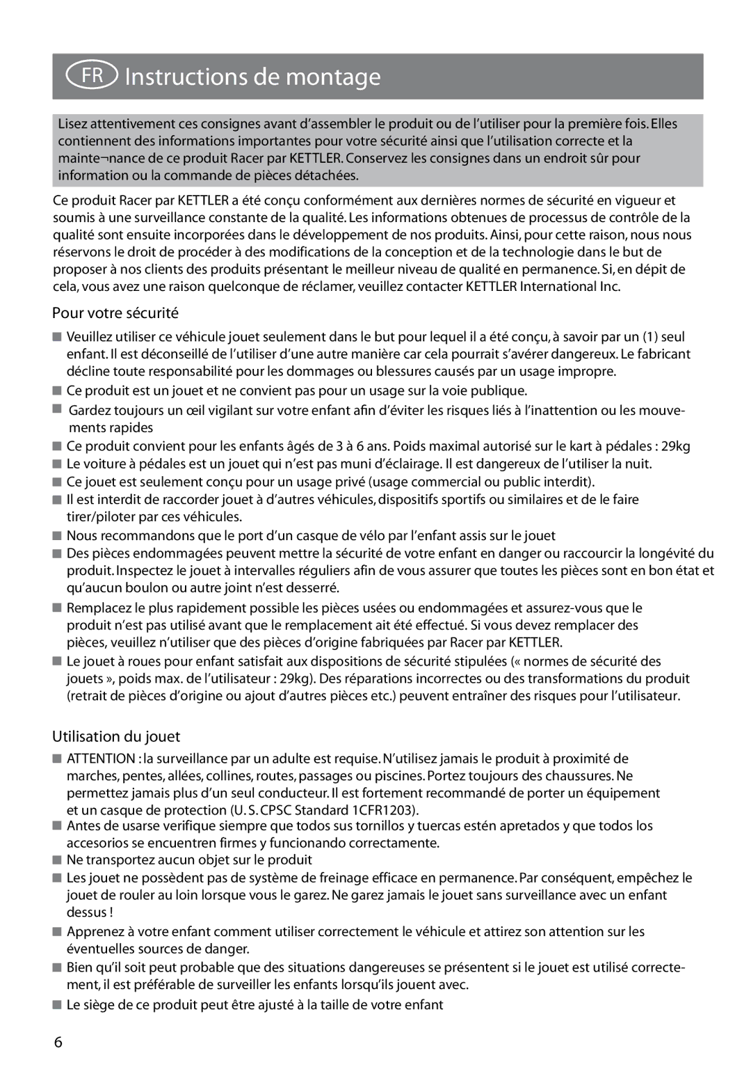 Kettler 8855-190 manual FR Instructions de montage, Pour votre sécurité, Utilisation du jouet 