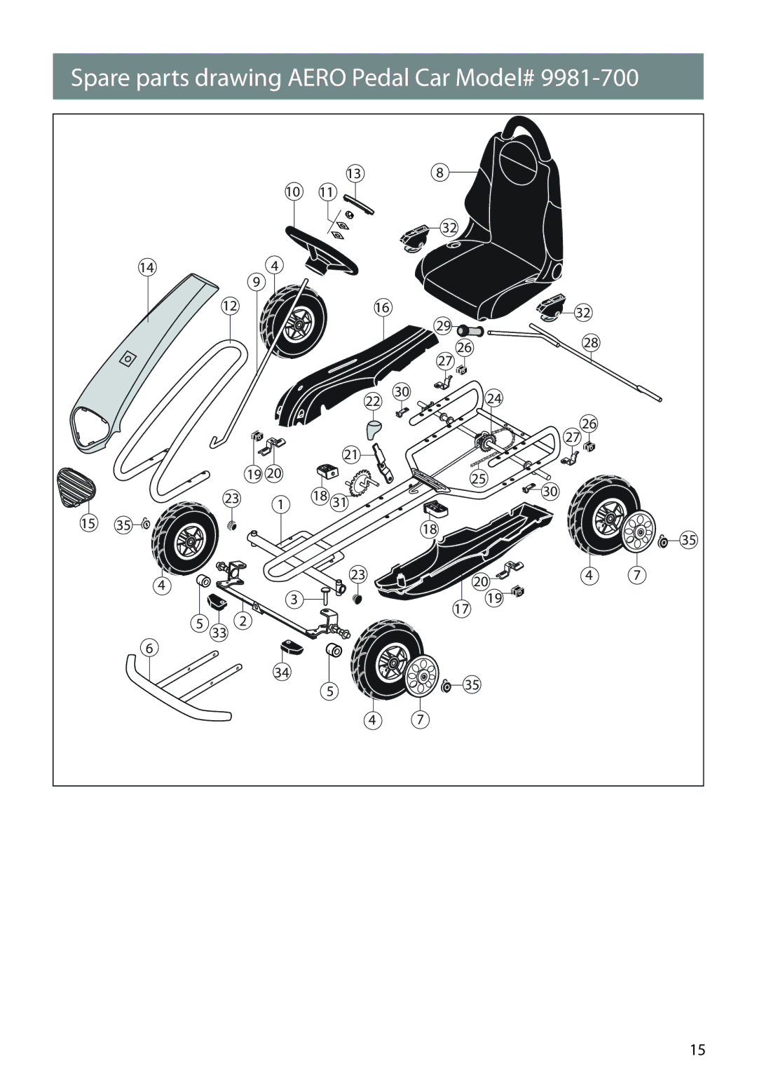 Kettler 9981-700 manual Spare parts drawing Aero Pedal Car Model# 