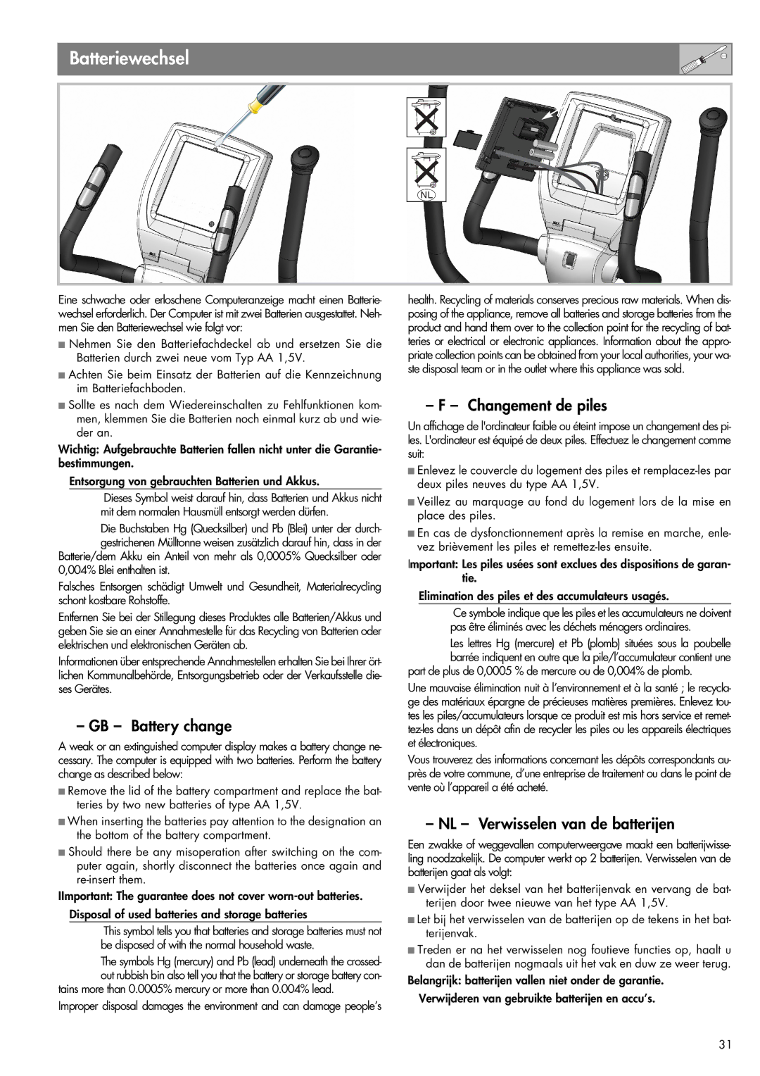 Kettler Art. -MR. 07650-000 manual Batteriewechsel, GB Battery change 