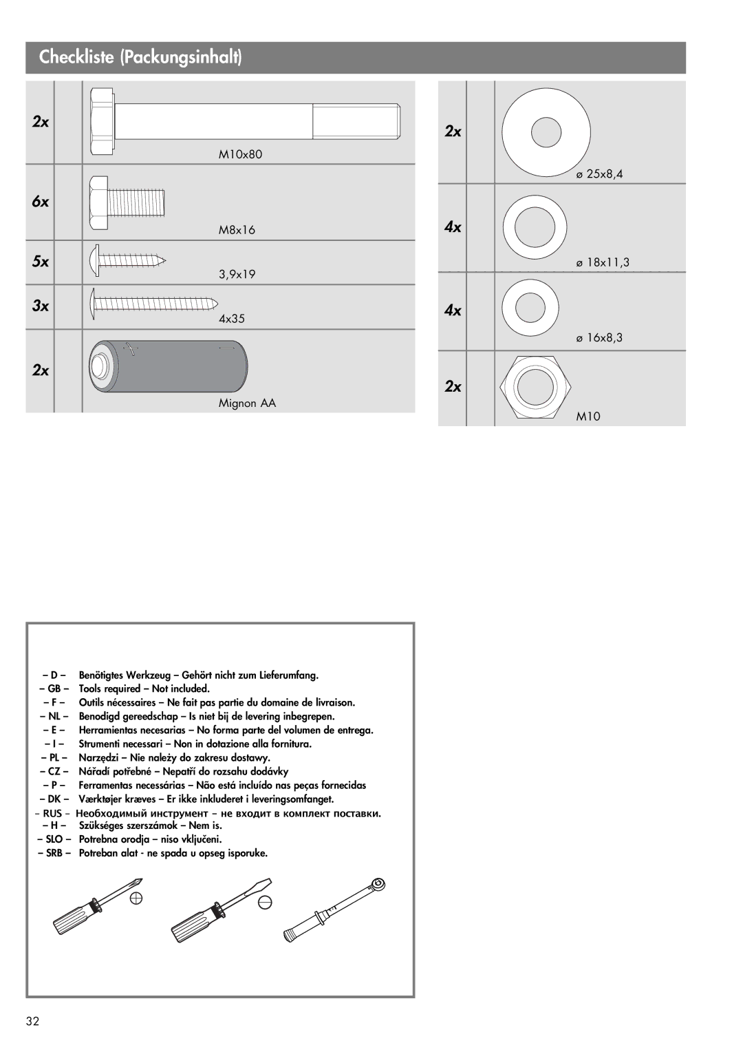 Kettler Art. -Nr. 7650-100 manual Checkliste Packungsinhalt, RUS Необходимый инструмент не входит в комплект поставки 