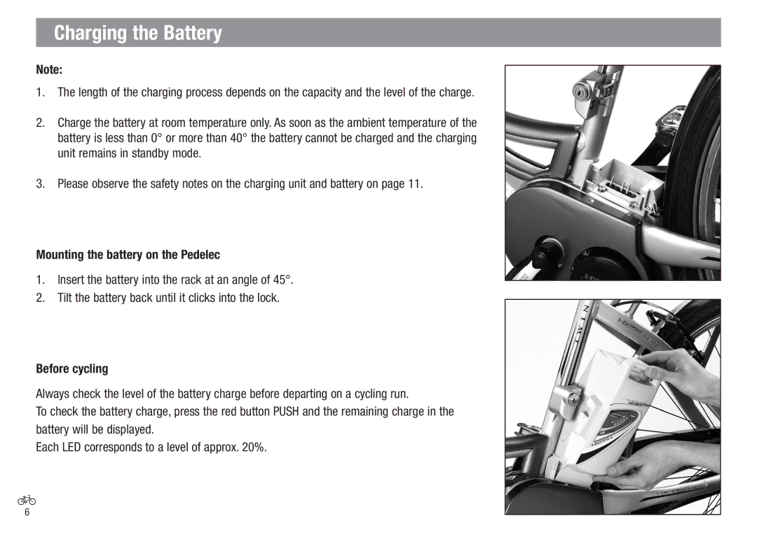 Kettler Bicycle operating instructions Mounting the battery on the Pedelec, Before cycling 