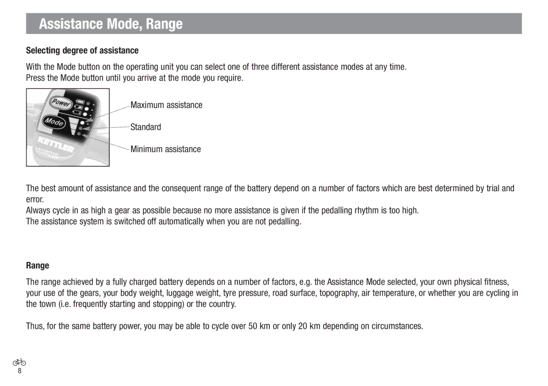 Kettler Bicycle operating instructions Assistance Mode, Range, Selecting degree of assistance 