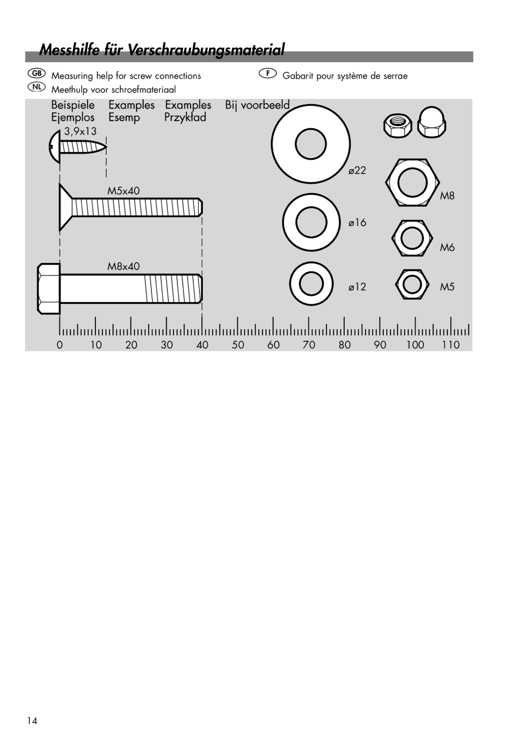 Kettler DVP721VR/00 manual Messhilfe für Verschraubungsmaterial 