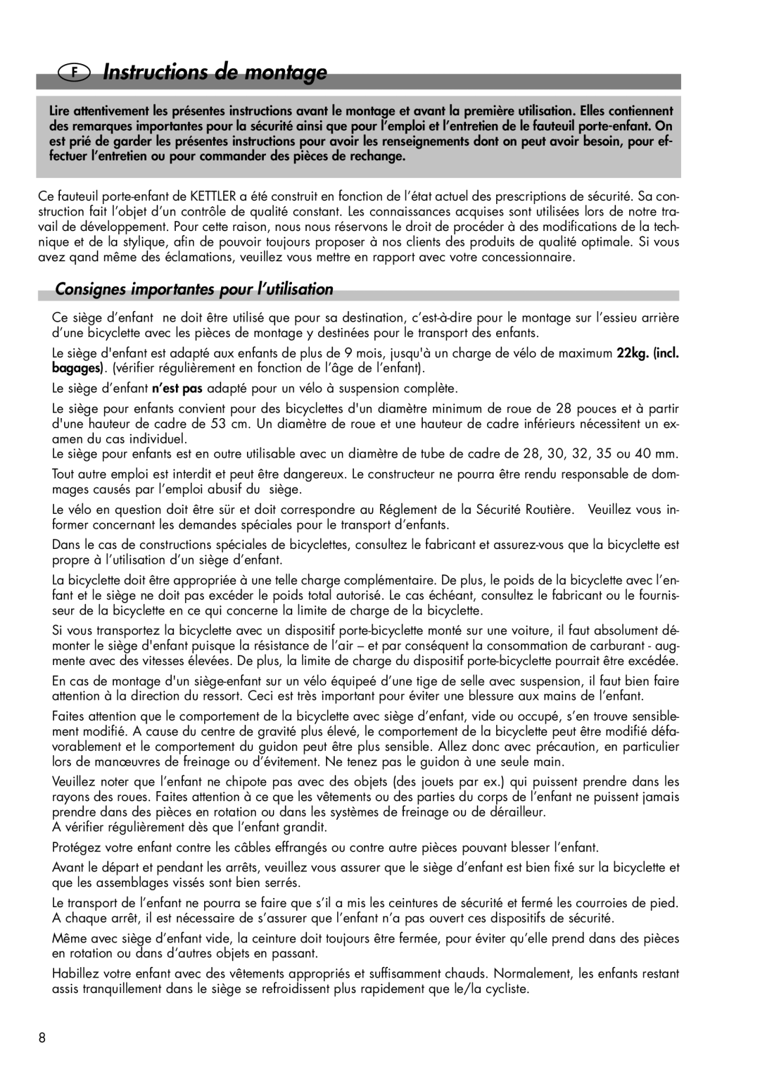 Kettler DVP721VR/00 manual Instructions de montage, Consignes importantes pour l’utilisation 