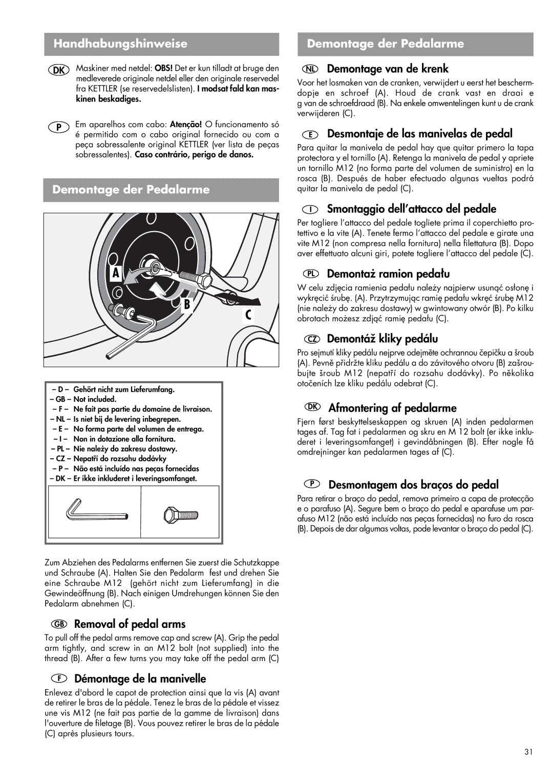 Kettler EX3 manual Demontage der Pedalarme, GB Removal of pedal arms 