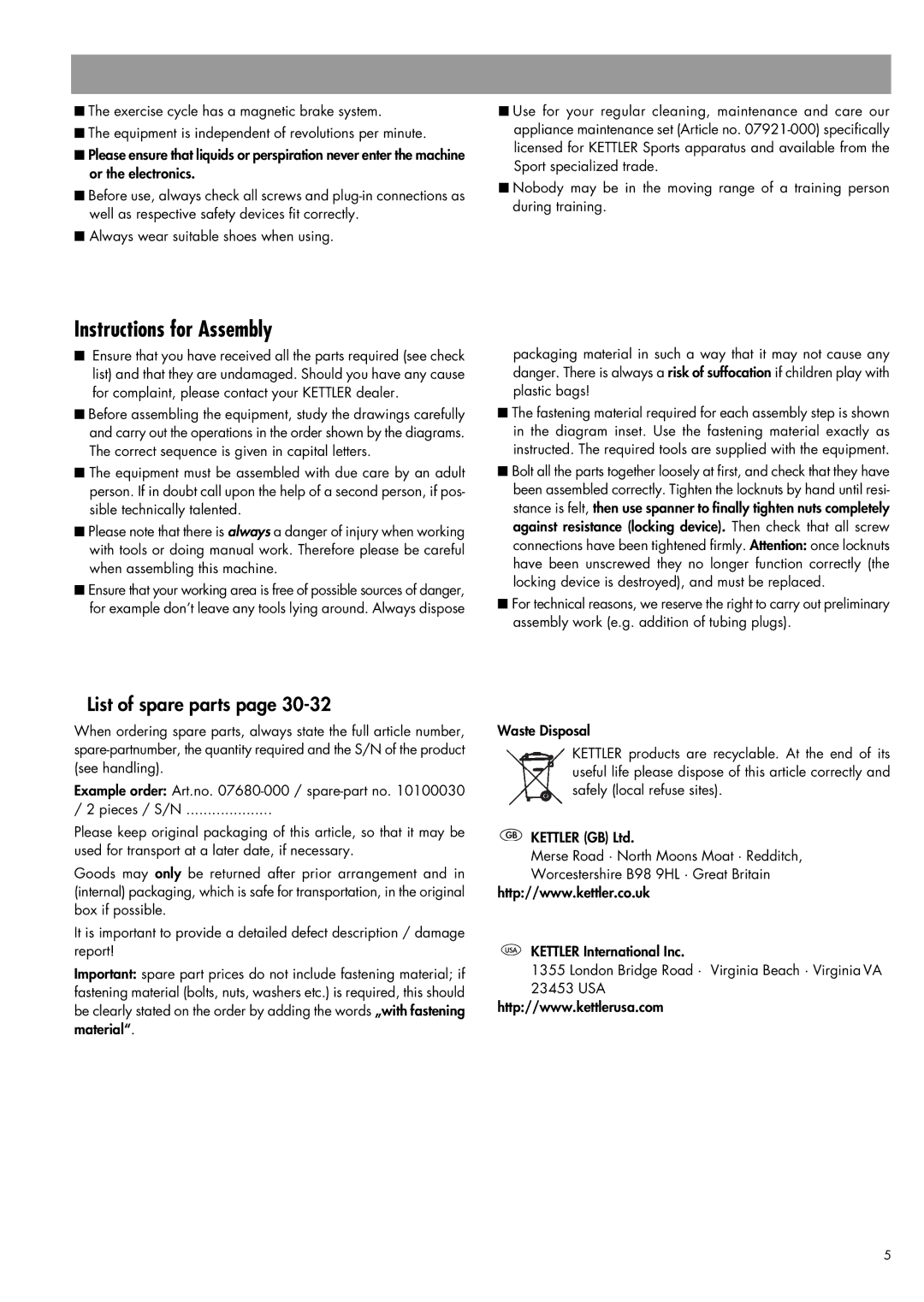 Kettler EX3 manual Instructions for Assembly 