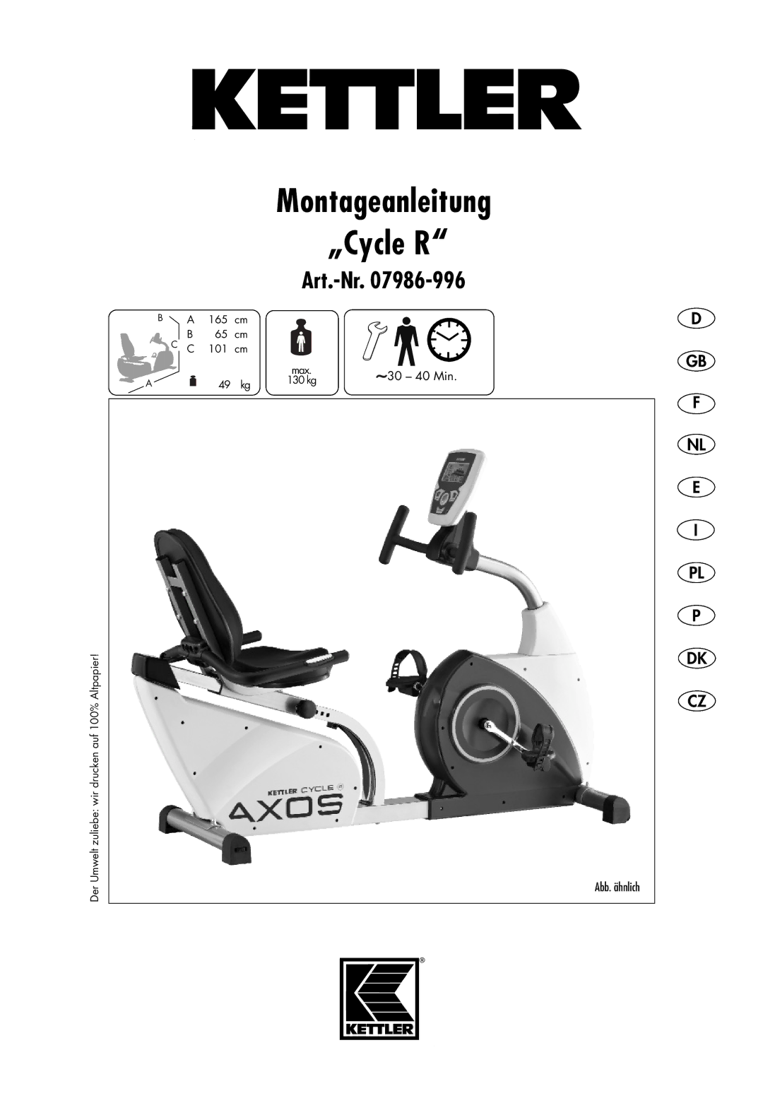 Kettler Exercise Bike manual Montageanleitung „Cycle R 