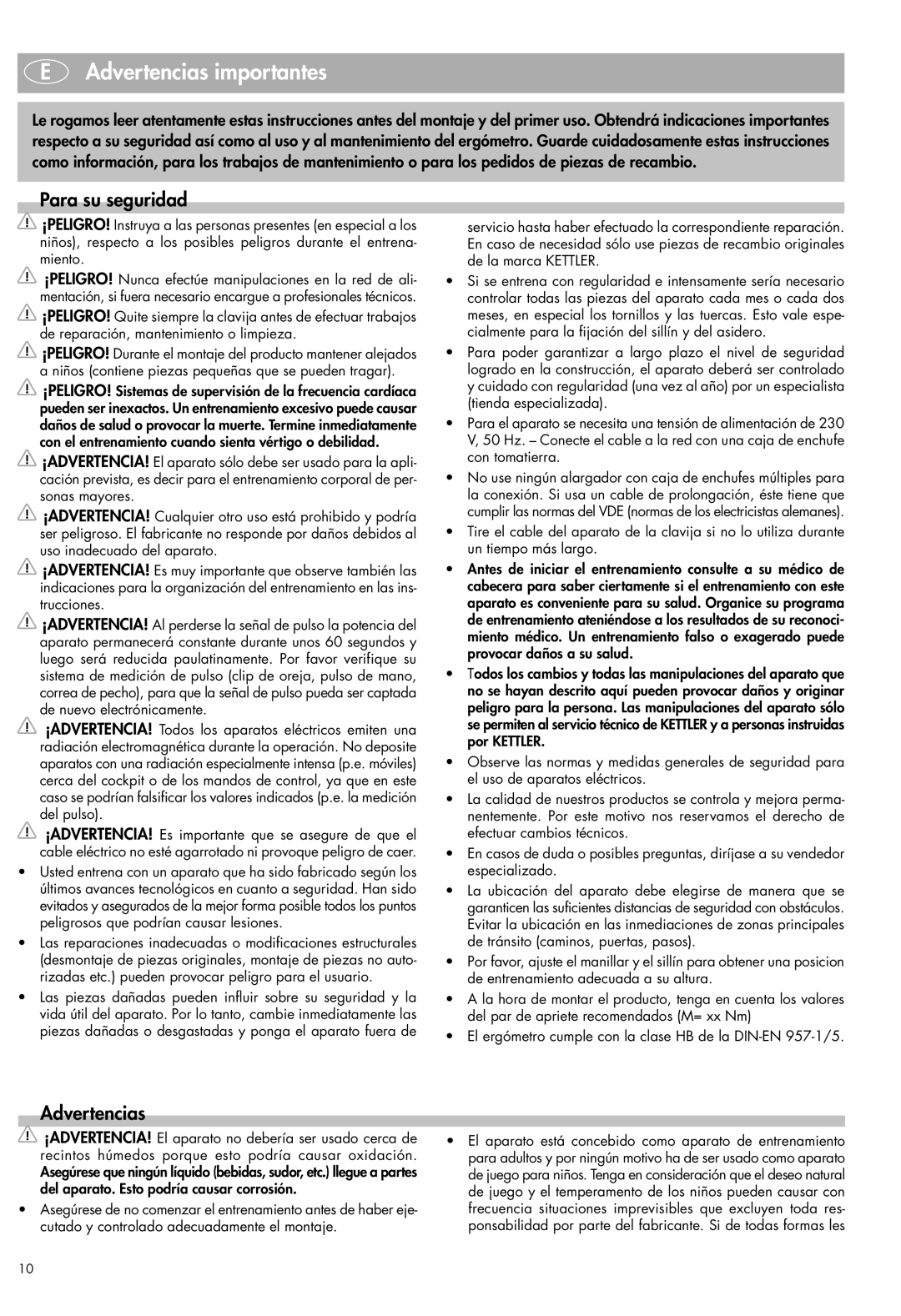 Kettler Exercise Bike manual Advertencias importantes, Para su seguridad 