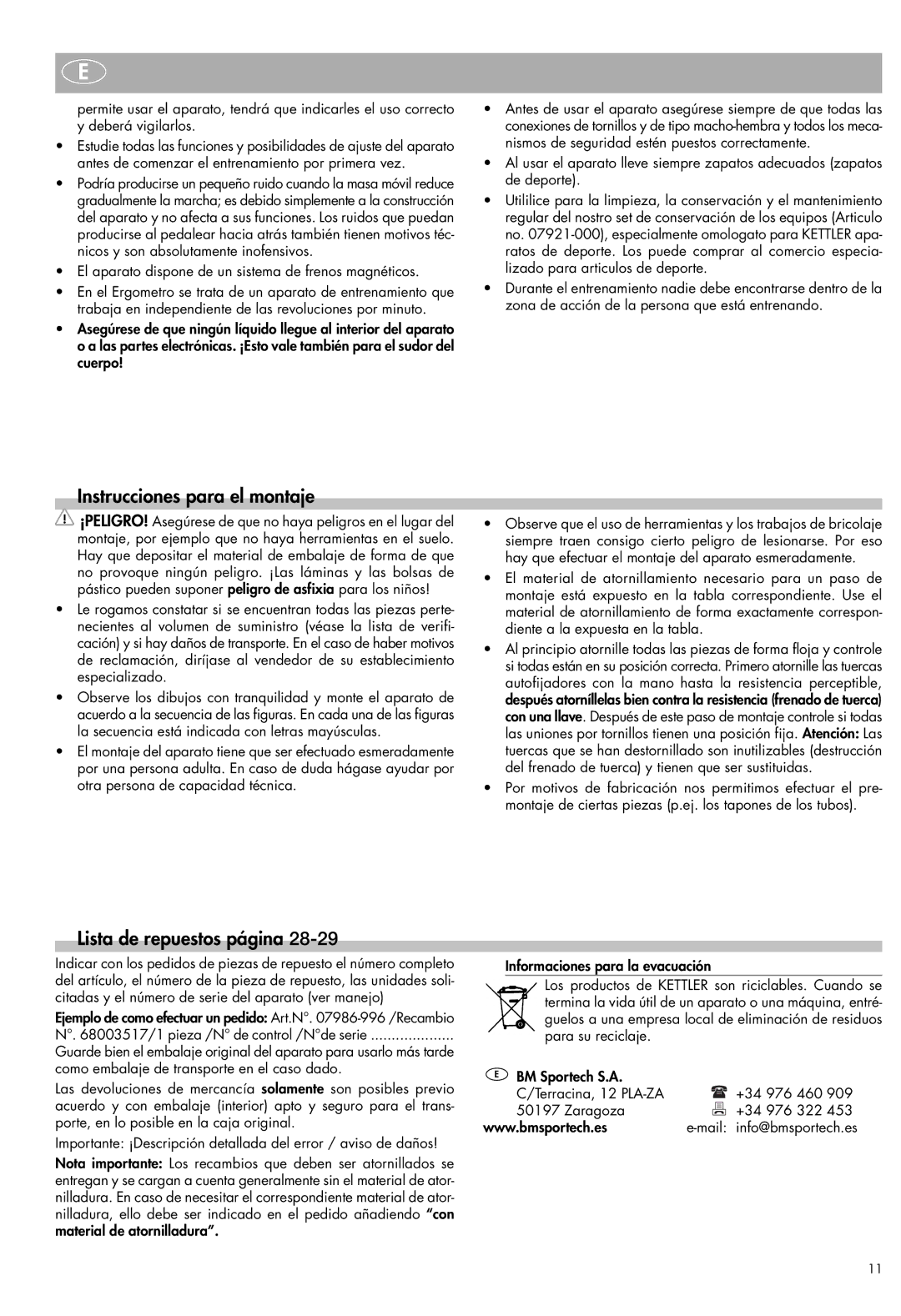 Kettler Exercise Bike manual Instrucciones para el montaje, Lista de repuestos página 