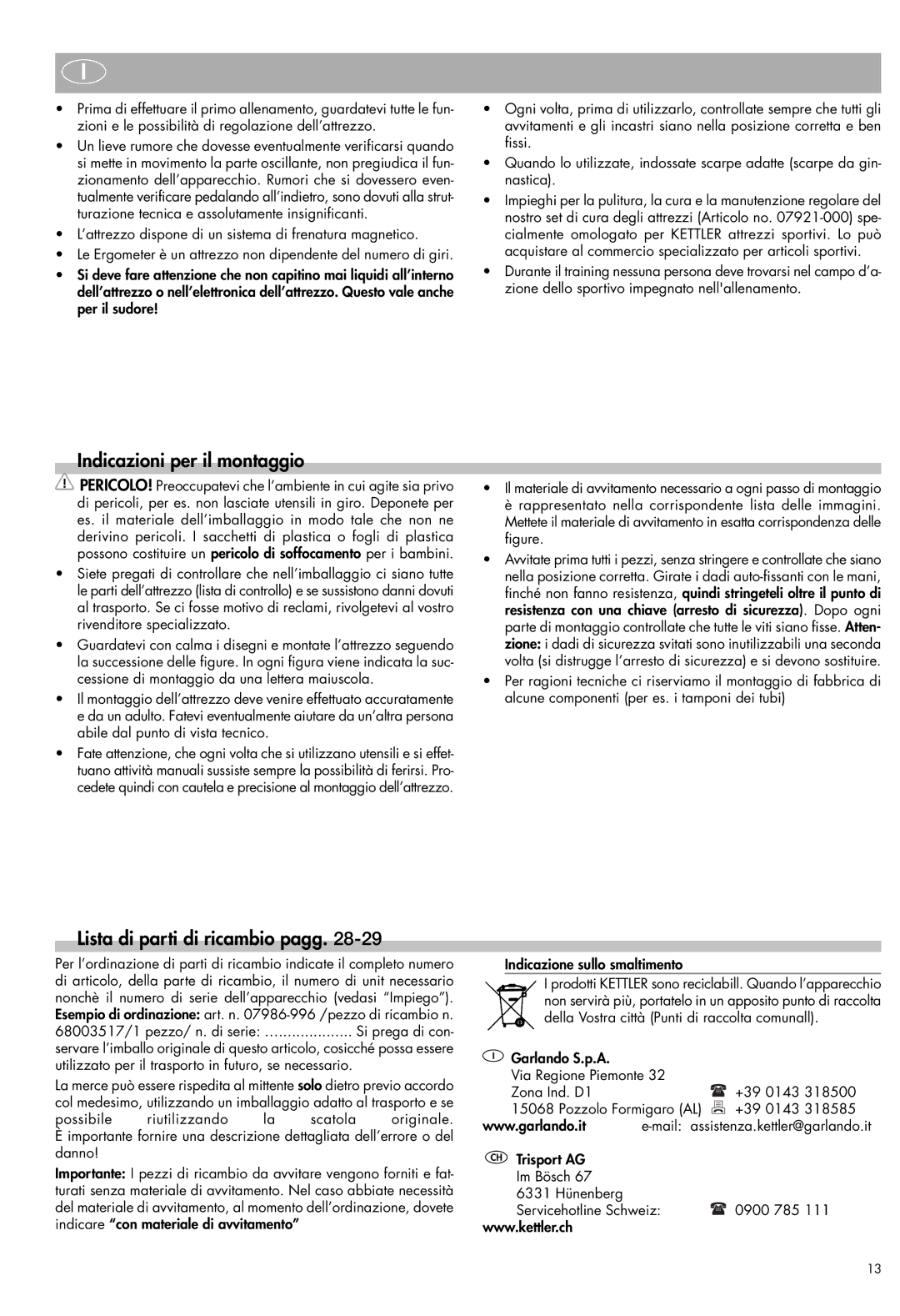 Kettler Exercise Bike manual Indicazioni per il montaggio, Lista di parti di ricambio pagg 