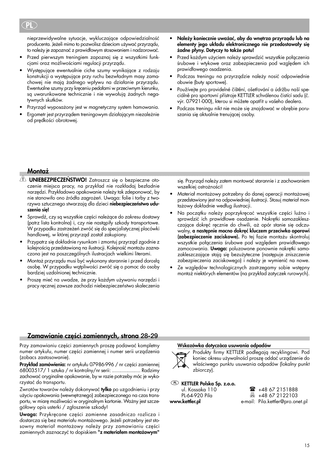 Kettler Exercise Bike manual Montaż, Zamawianie części zamiennych, strona 