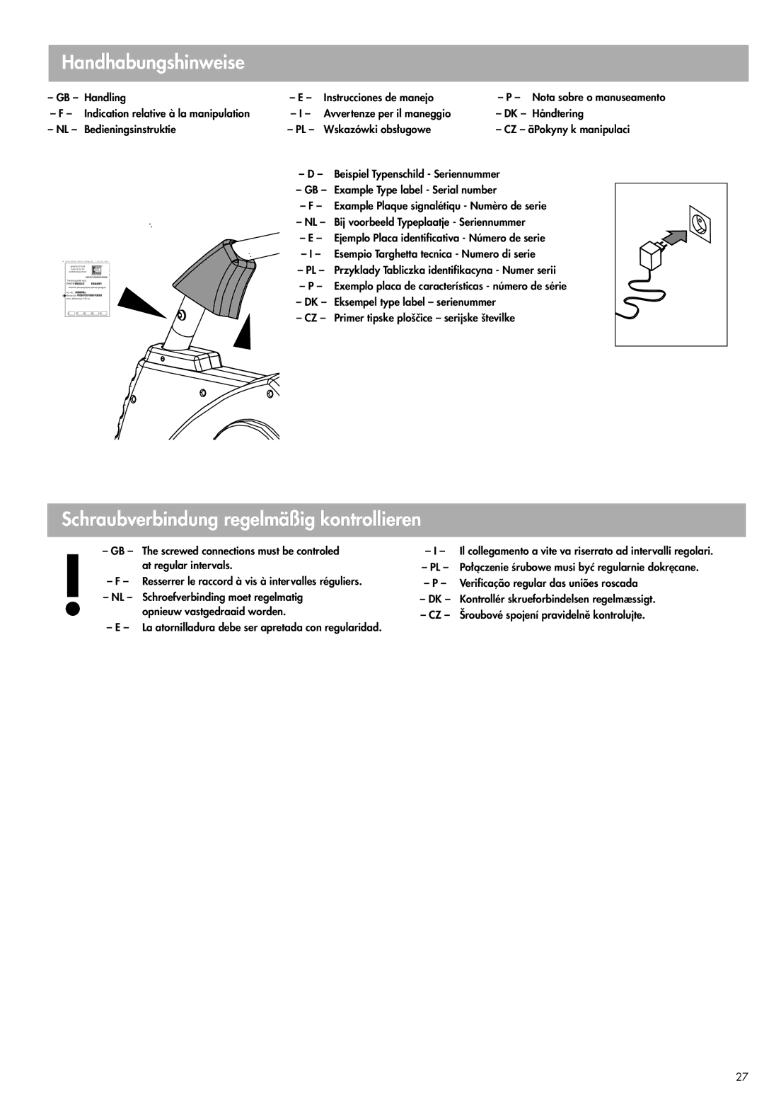 Kettler Exercise Bike manual Handhabungshinweise, Schraubverbindung regelmäßig kontrollieren 