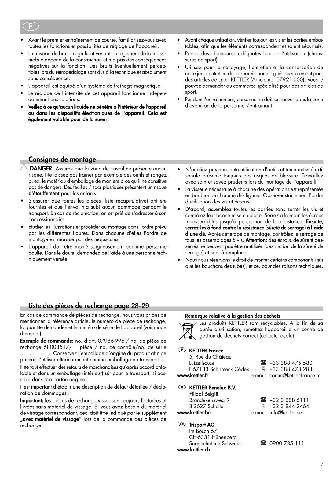 Kettler Exercise Bike manual Consignes de montage, Liste des pièces de rechange 