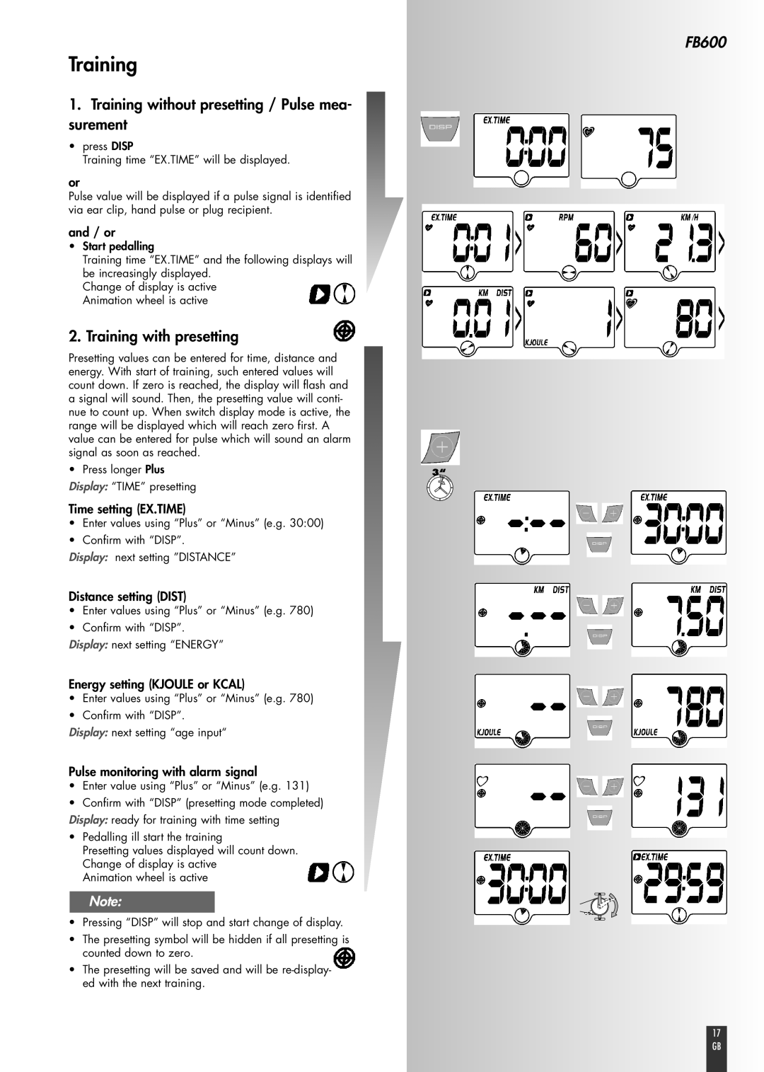 Kettler FB600 manual Training without presetting / Pulse mea- surement, Training with presetting 