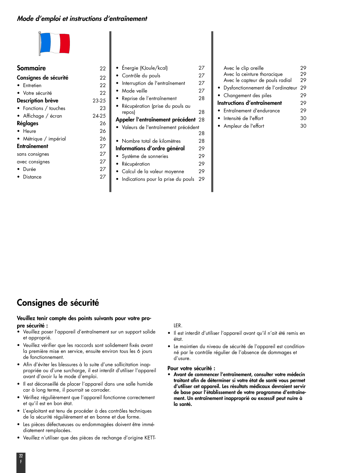 Kettler FB600 manual Consignes de sécurité, Mode d’emploi et instructions d‘entraînement, Sommaire 