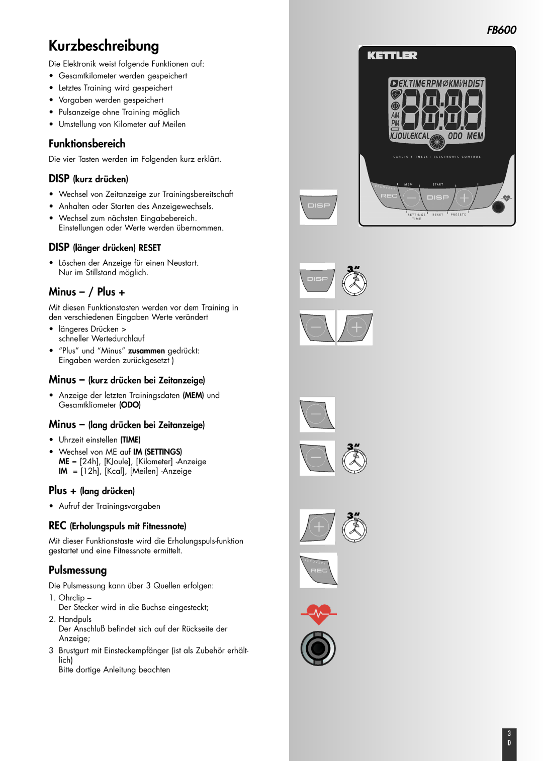 Kettler FB600 manual Kurzbeschreibung, Funktionsbereich, Minus / Plus +, Pulsmessung 