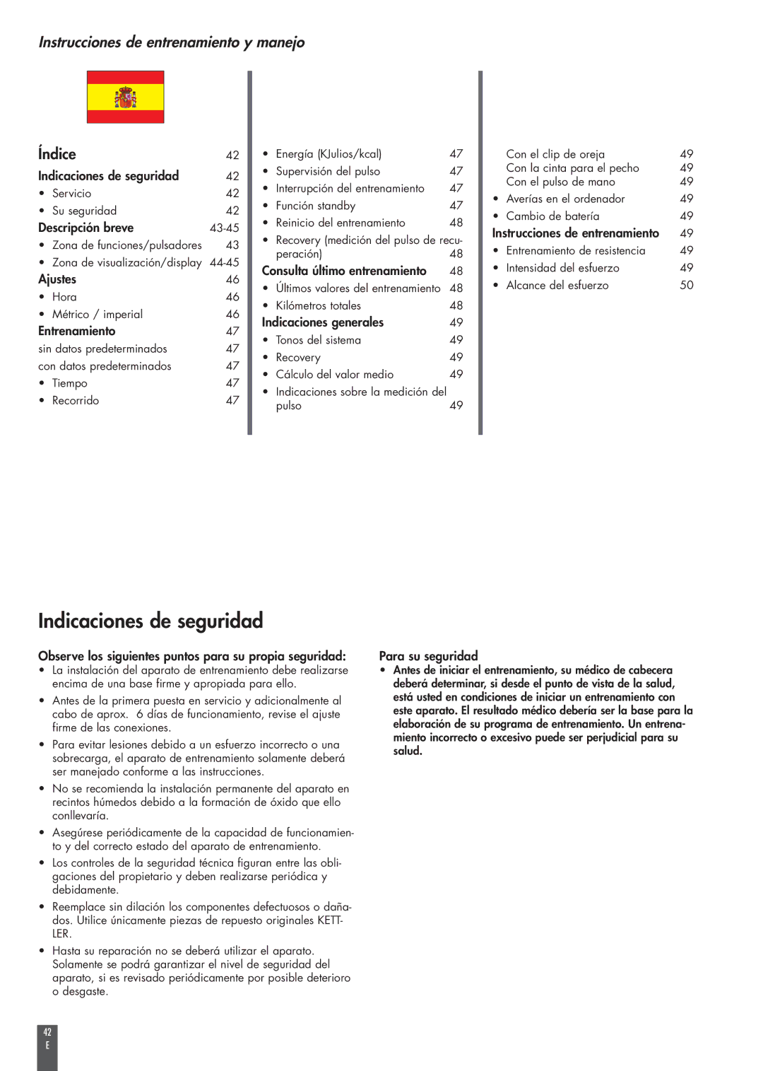 Kettler FB600 manual Indicaciones de seguridad, Instrucciones de entrenamiento y manejo, Índice 