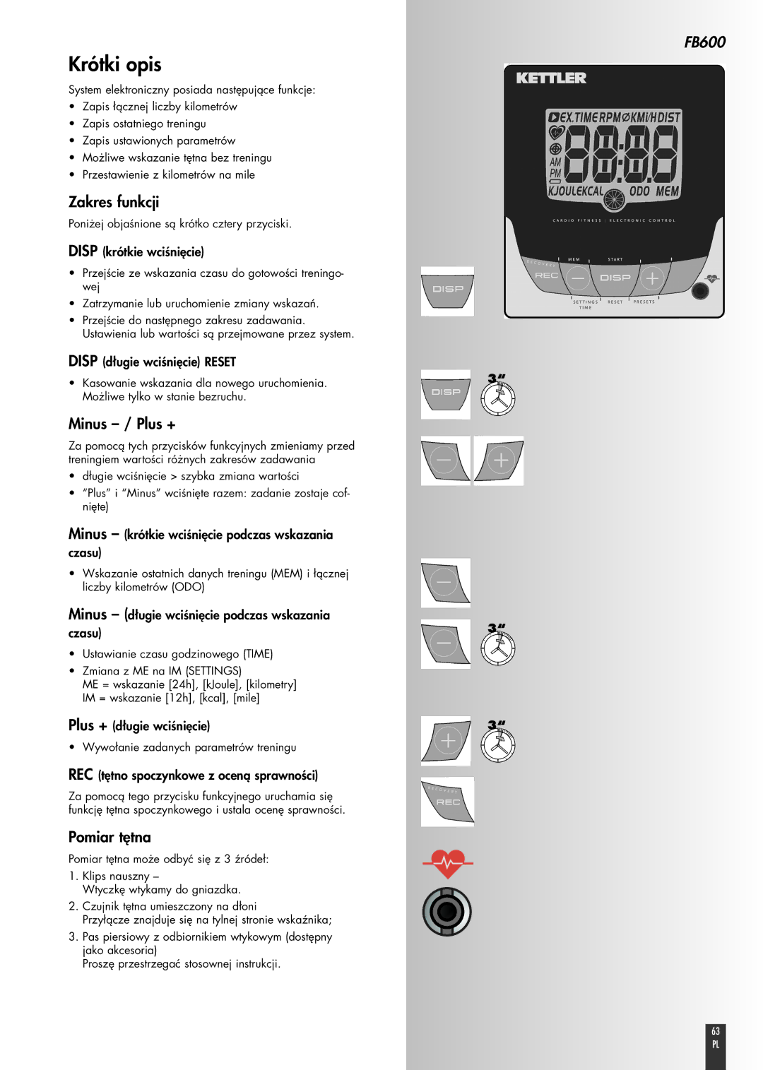 Kettler FB600 manual Krótki opis, Zakres funkcji, Pomiar tętna 