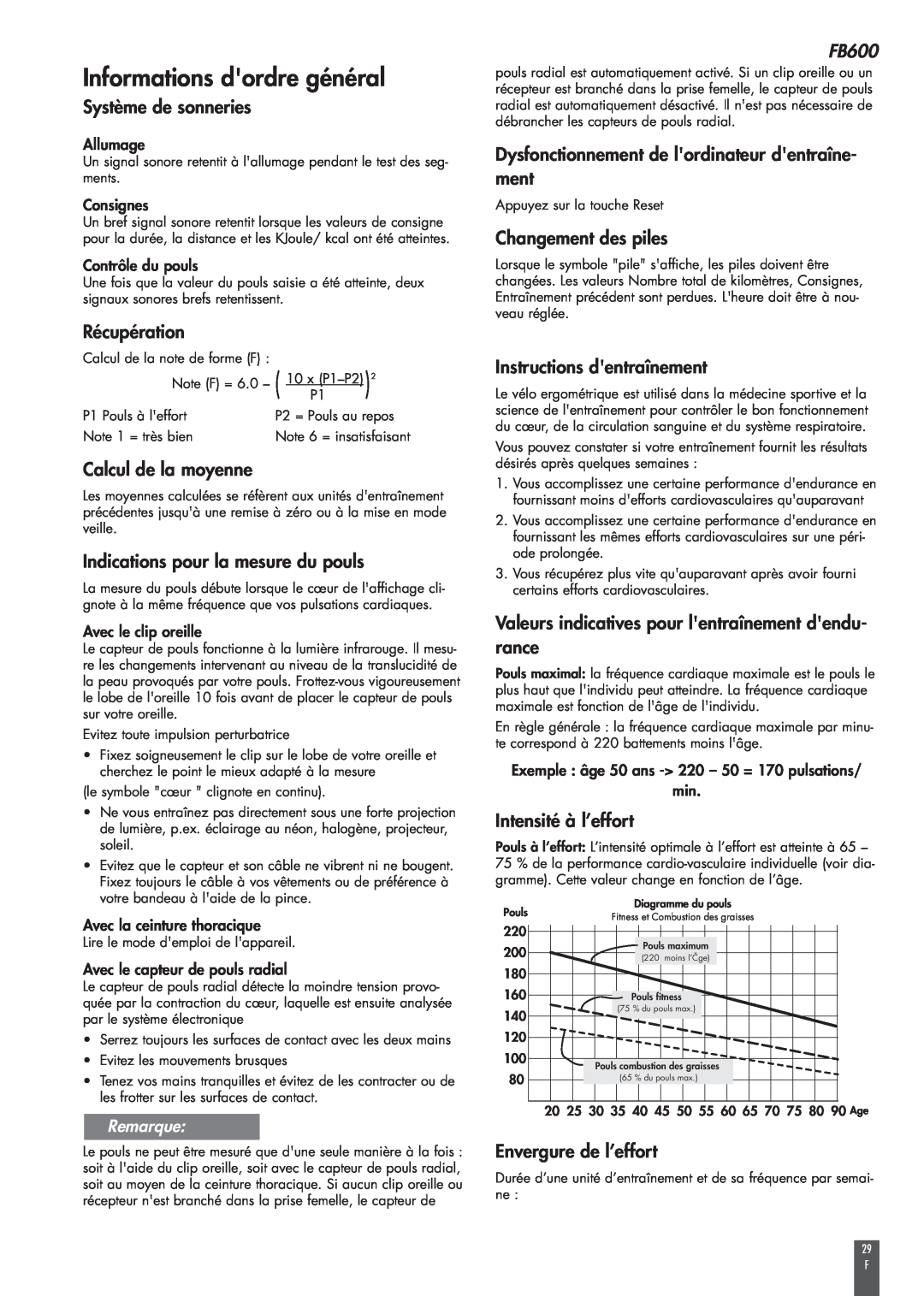Kettler FB600 manual Informations dordre général 