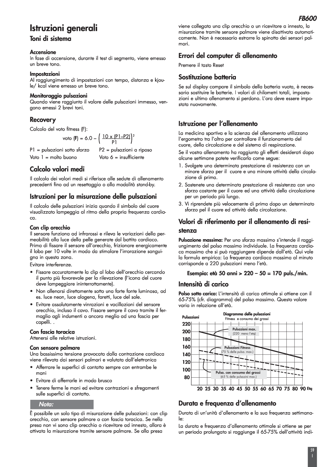 Kettler FB600 manual Istruzioni generali, Diagramma delle pulsazioni 