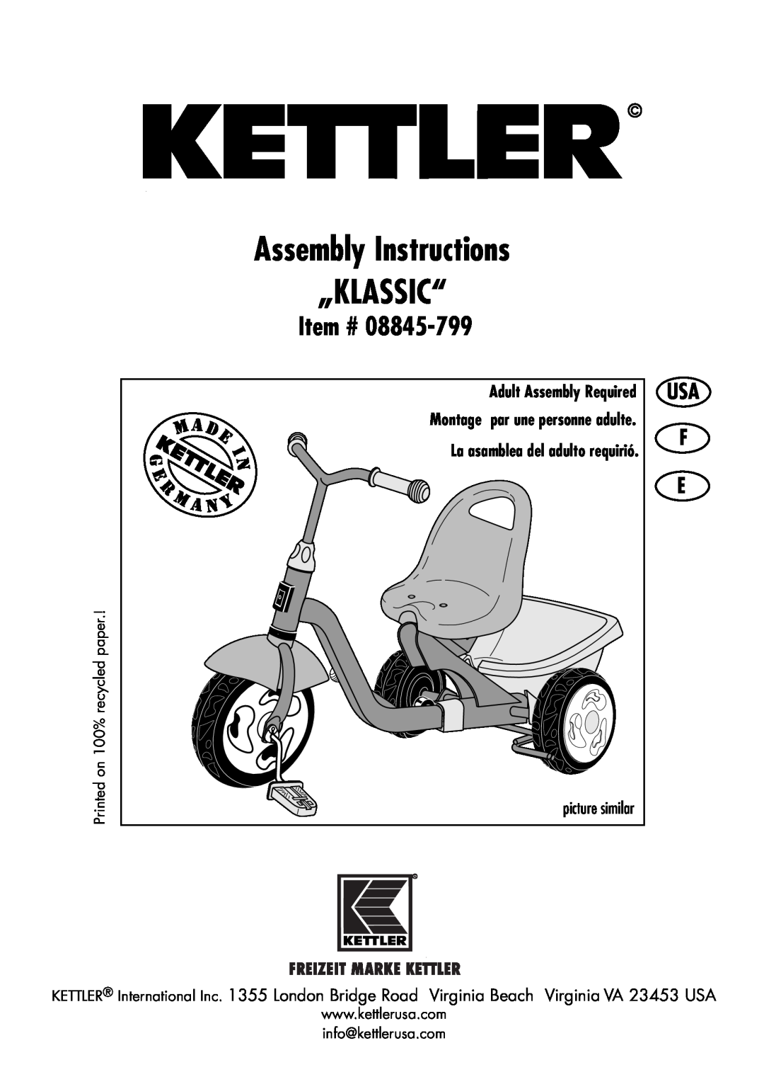 Kettler HP 355 manual Assembly Instructions „KLASSIC“, Adult Assembly Required, Item #, La asamblea del adulto requirió 