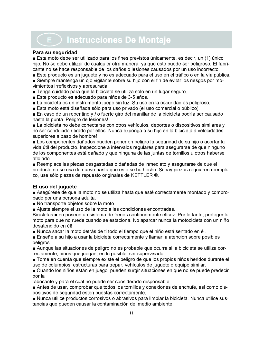 Kettler KC112-500, KC112-600 manual Para su seguridad, El uso del juguete 