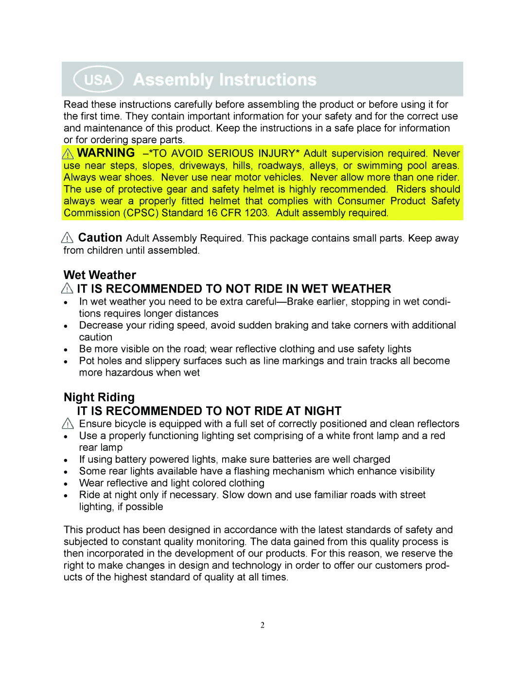 Kettler KC112-600, KC112-500 manual USA Assembly Instructions, IT is Recommended to not Ride in WET Weather 