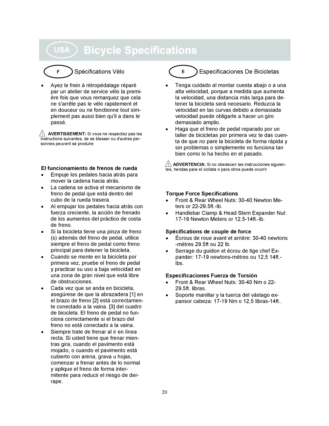 Kettler KC112-600, KC112-500 manual USA Bicycle Specifications, Spécifications Vélo 