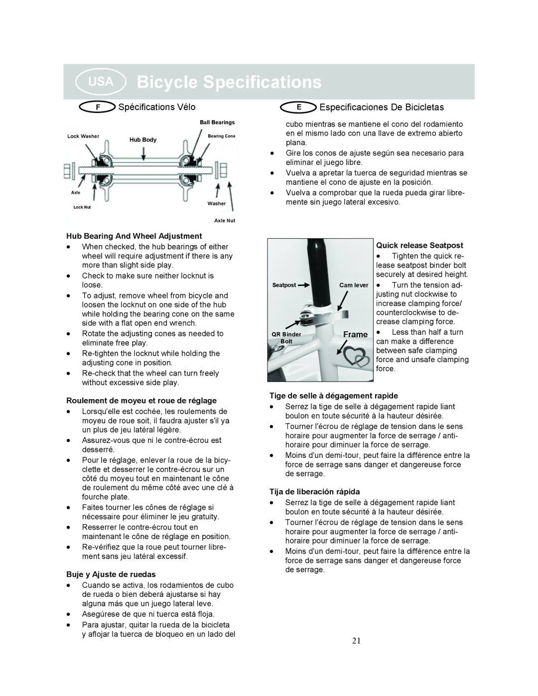 Kettler KC112-500, KC112-600 manual Spécifications Vélo 