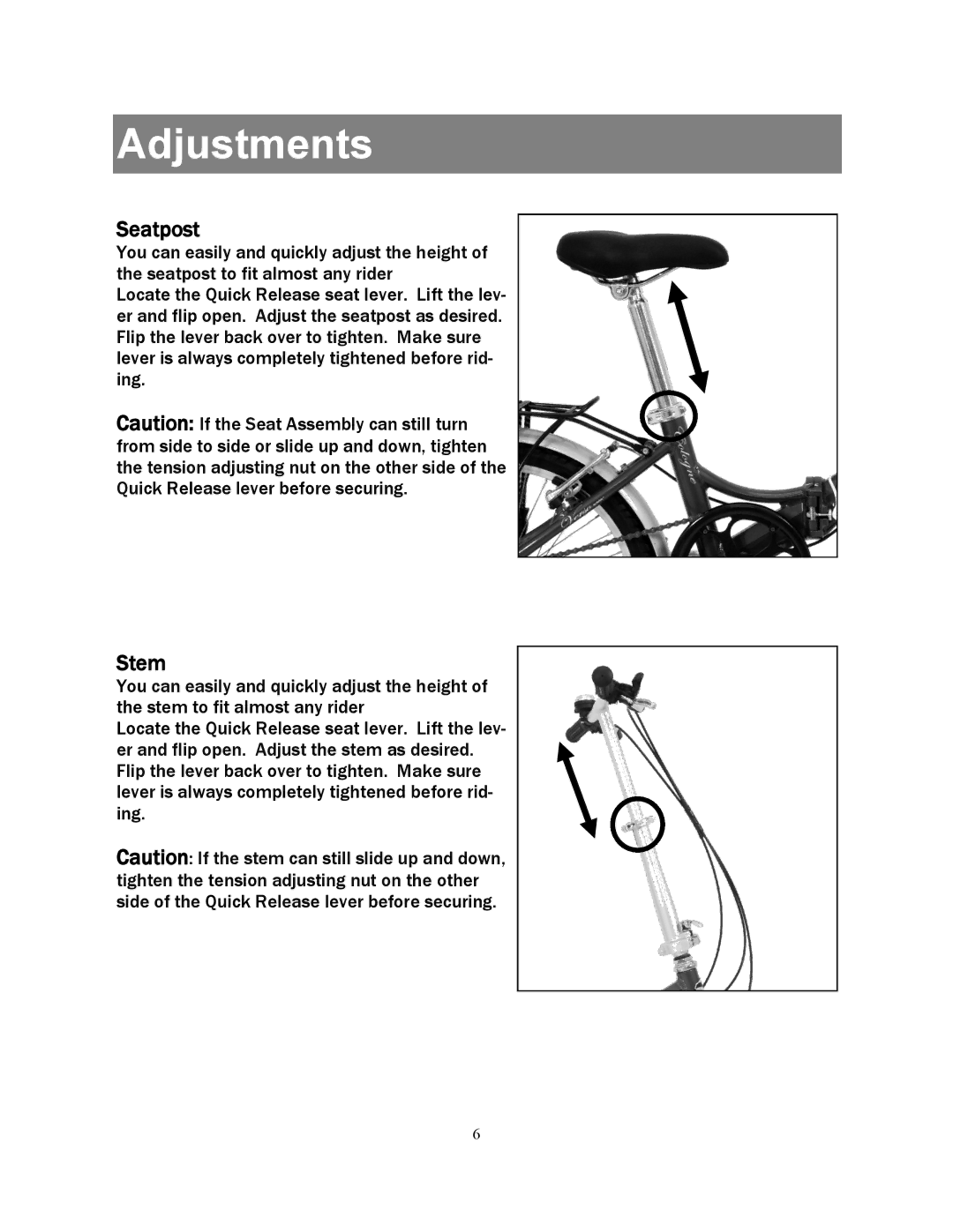 Kettler KT499-400, KT499-200 manual Adjustments, Seatpost, Stem 