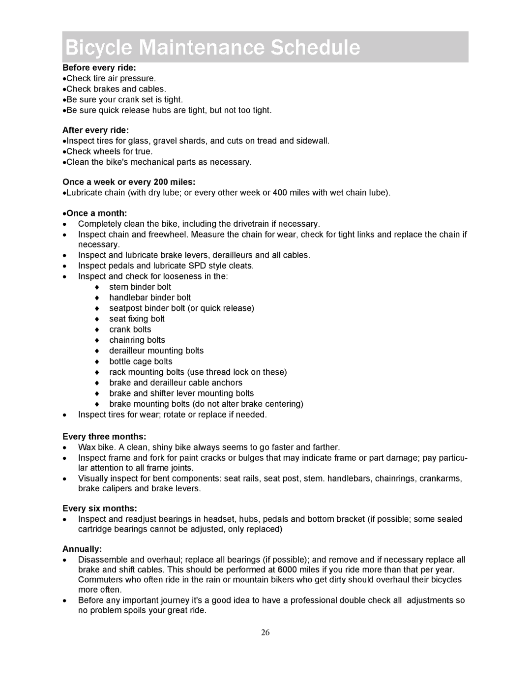 Kettler KT902-189, KT902-181 manual Bicycle Maintenance Schedule, Before every ride 