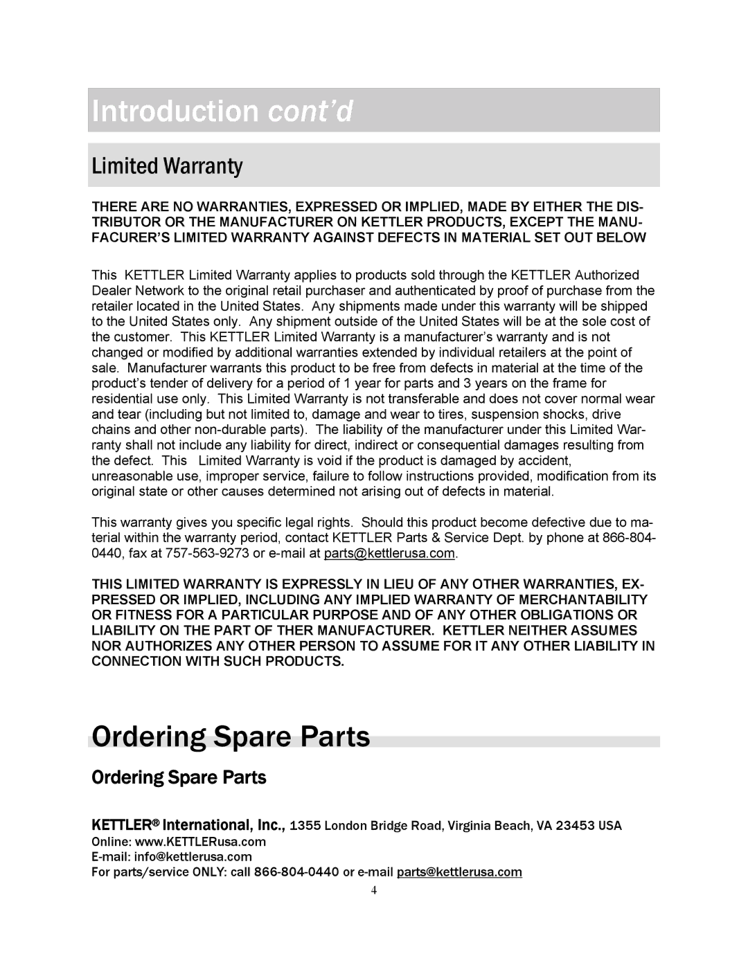 Kettler KT902-189, KT902-181 manual Ordering Spare Parts 