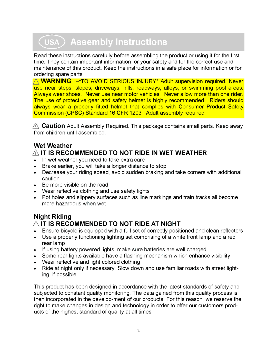 Kettler KT903-383, KT902-182 manual USA Assembly Instructions, IT is Recommended to not Ride in WET Weather 