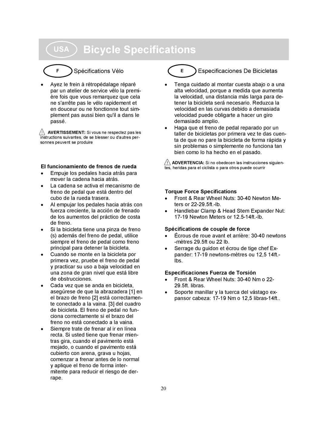 Kettler KT903-383, KT902-182 manual USA Bicycle Specifications, Spécifications Vélo 