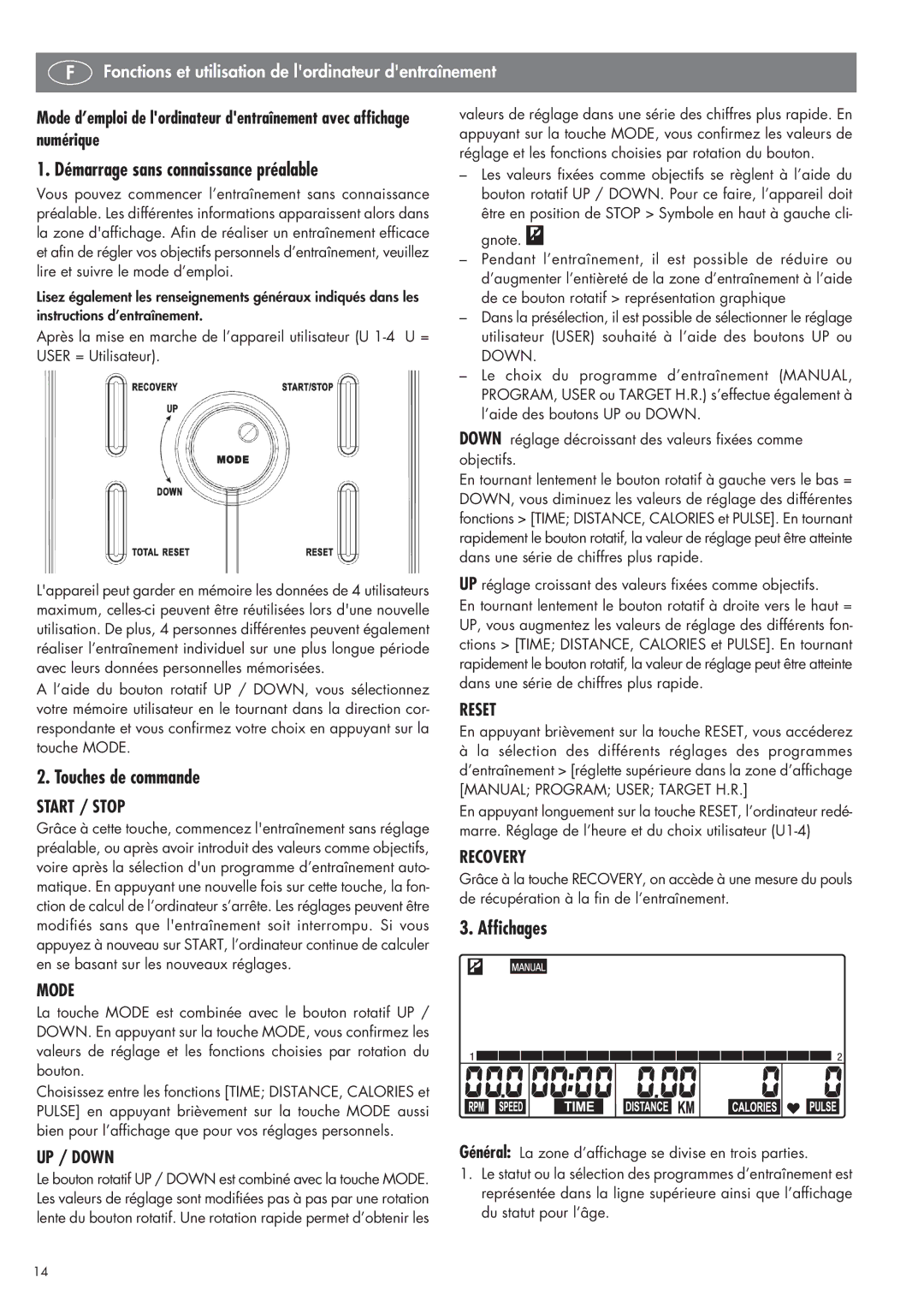 Kettler SM 2855 manual Démarrage sans connaissance préalable, Touches de commande, Affichages 