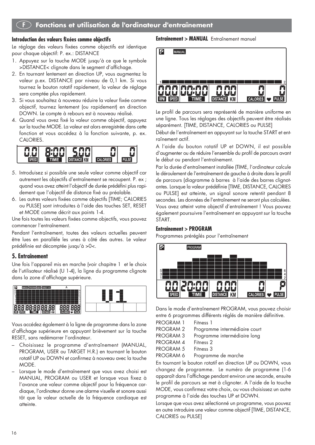 Kettler SM 2855 manual Fonctions et utilisation de lordinateur dentraînement, Entraînement Program 