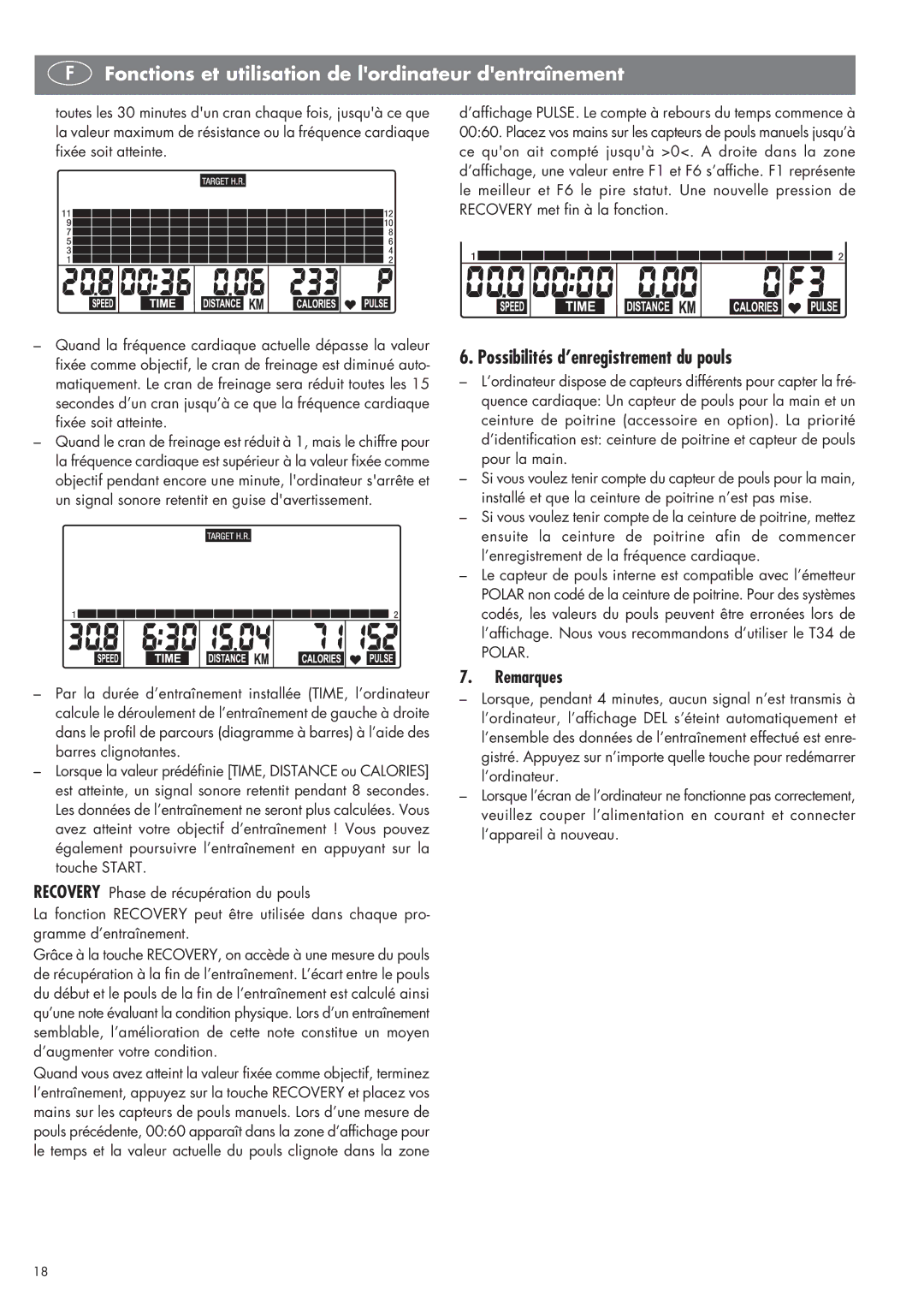 Kettler SM 2855 manual Possibilités d’enregistrement du pouls, Remarques 