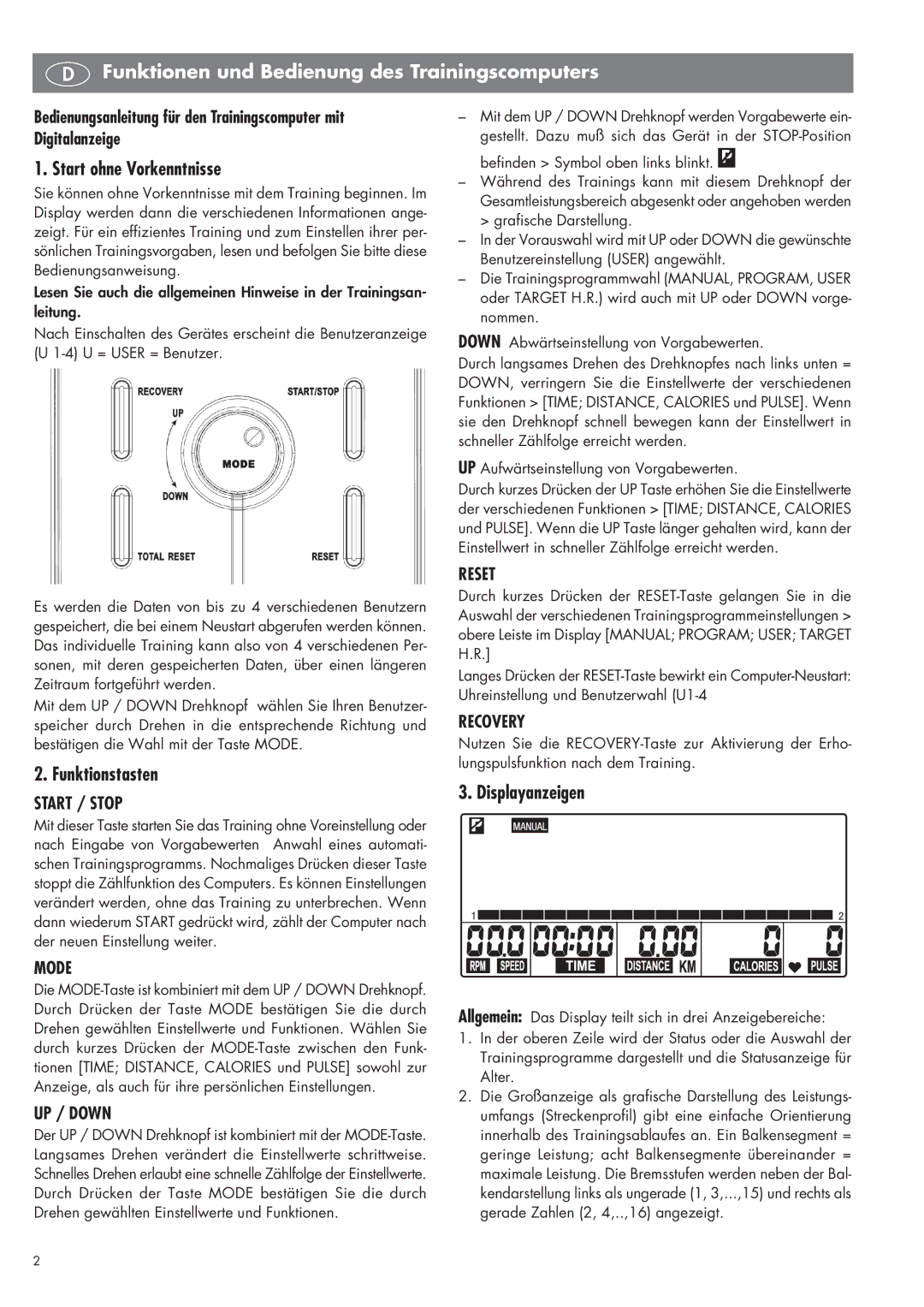 Kettler SM 2855 manual Funktionen und Bedienung des Trainingscomputers, Start ohne Vorkenntnisse, Funktionstasten 