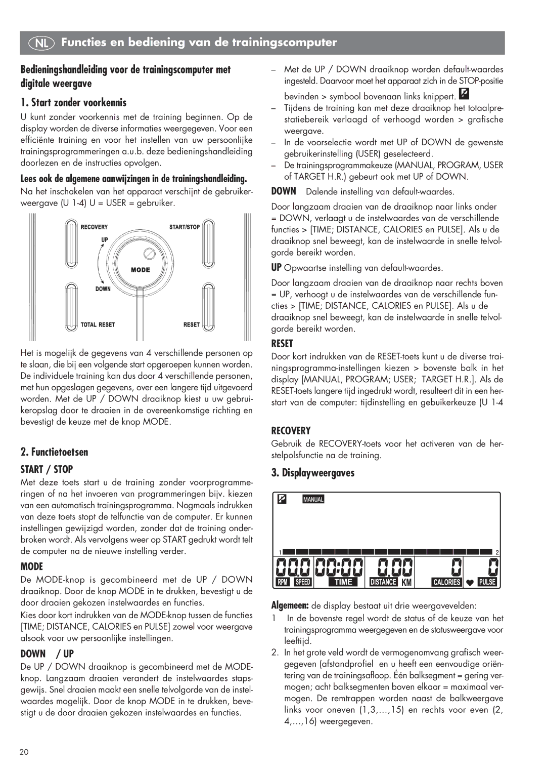 Kettler SM 2855 manual NL Functies en bediening van de trainingscomputer, Functietoetsen, Displayweergaves 