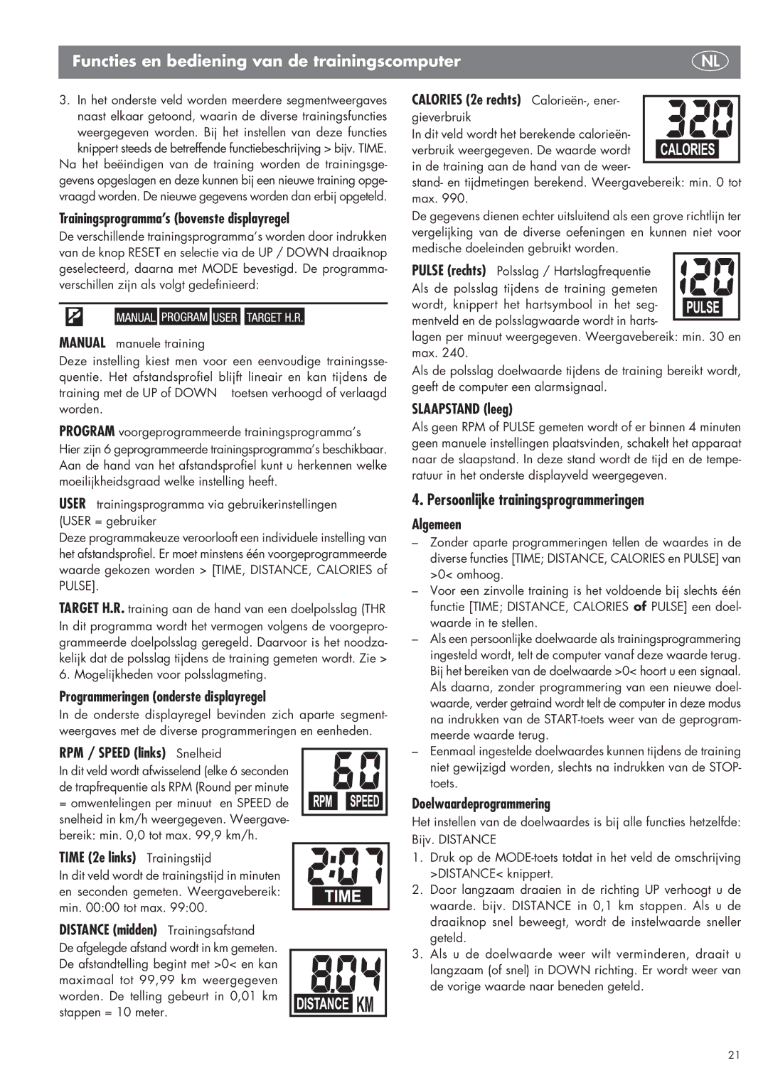 Kettler SM 2855 manual Functies en bediening van de trainingscomputer, Persoonlijke trainingsprogrammeringen 