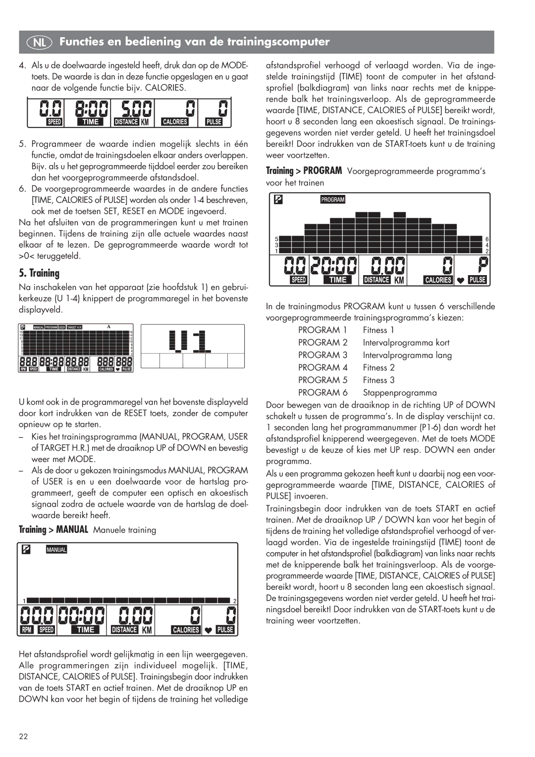 Kettler SM 2855 manual Training Manual Manuele training, Intervalprogramma kort, Stappenprogramma 