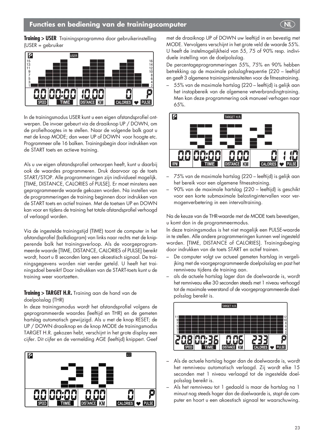 Kettler SM 2855 manual Functies en bediening van de trainingscomputer 