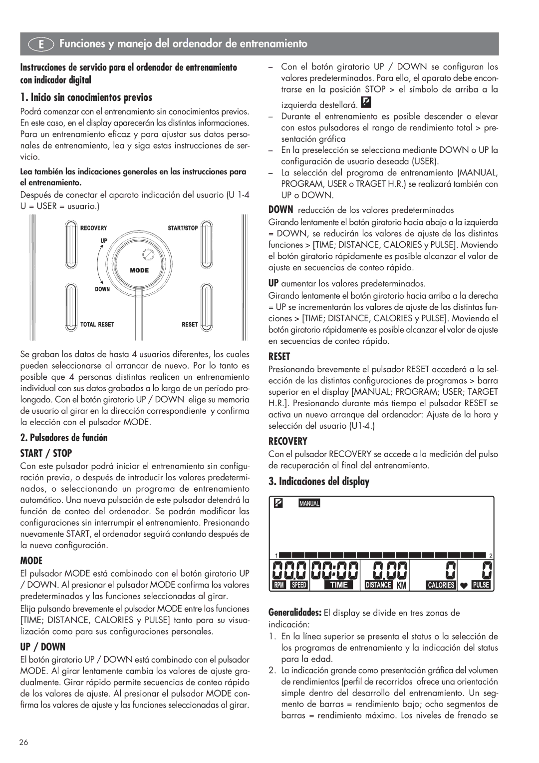 Kettler SM 2855 manual Inicio sin conocimientos previos, Indicaciones del display, Pulsadores de función 