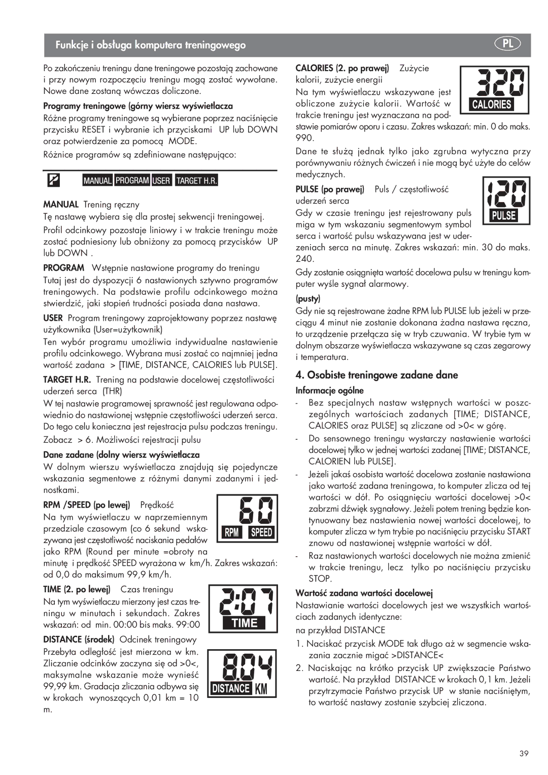 Kettler SM 2855 manual Funkcje i obsługa komputera treningowego 